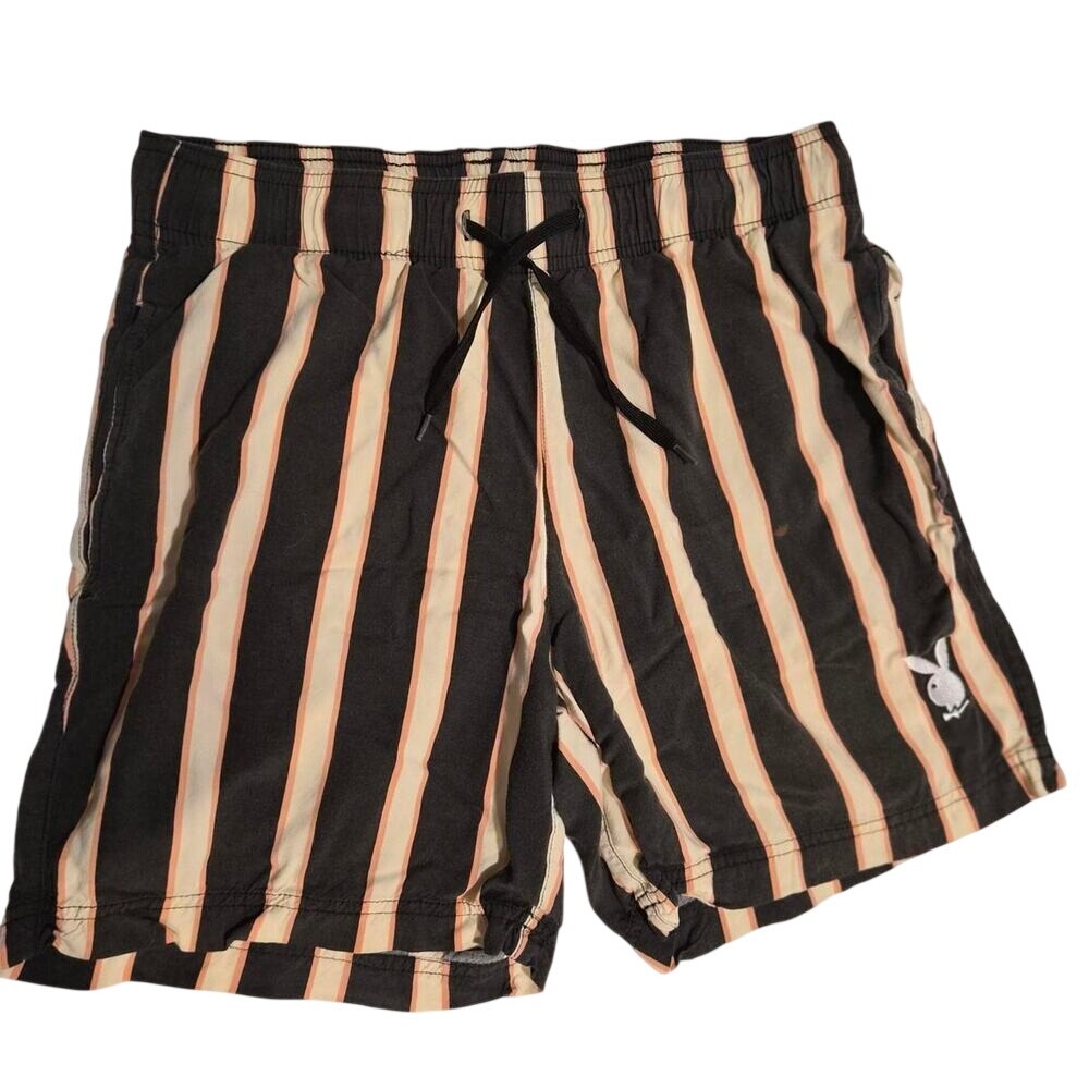 Playboy by PacSun Mens Striped Swim Trunks Black Orange Bunny Logo Small